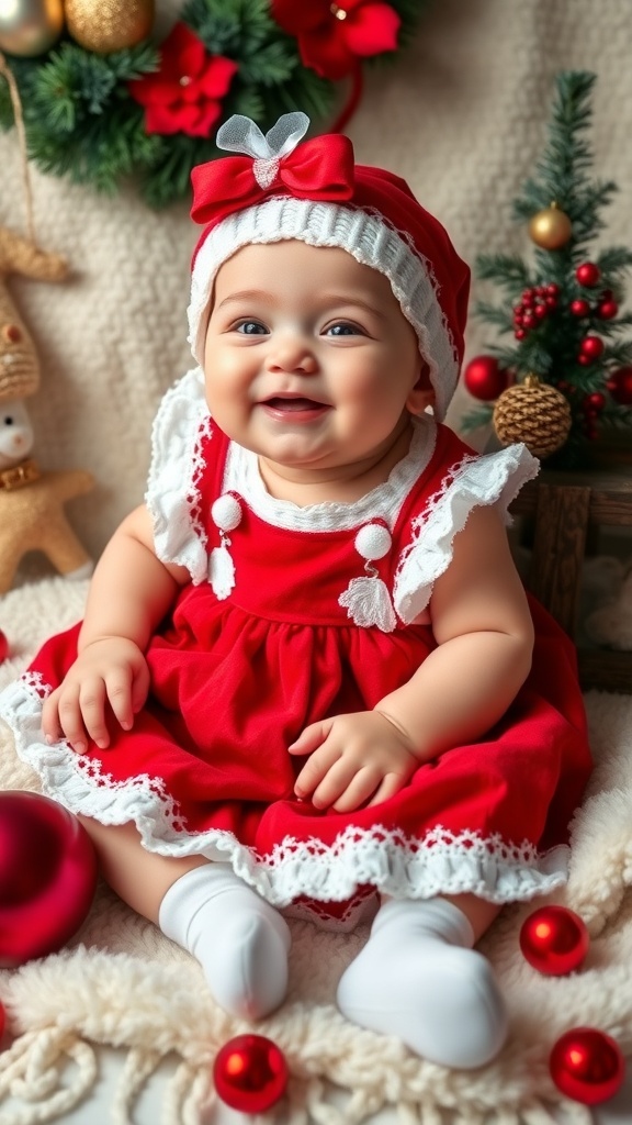 A joyful baby in a red Christmas dress with holiday decorations.